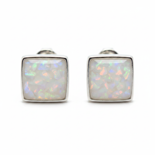 Silver 925 square memorial stud earrings — white pearl opal flakes resin in 6mm square setting