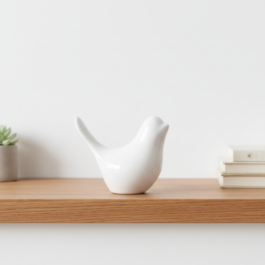 White ceramic dove memorial keepsake lifestyle shot displayed as home ornament on shelf