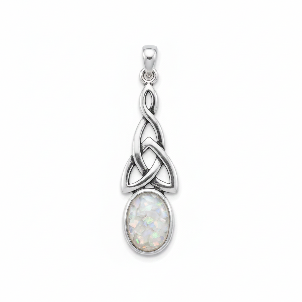 Silver 925 Celtic triquetra drop memorial pendant with white opal and mica, white background