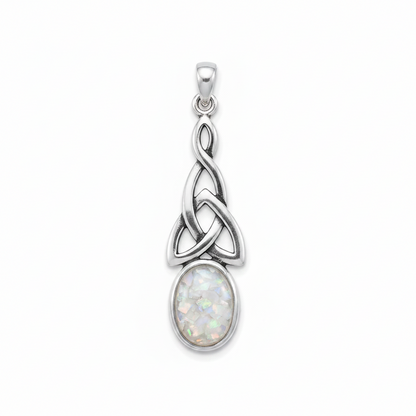 Silver 925 Celtic triquetra drop memorial pendant with white opal and mica, white background
