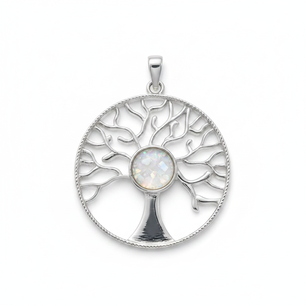 Silver 925 Tree of Life memorial pendant with white opal and mica, white background