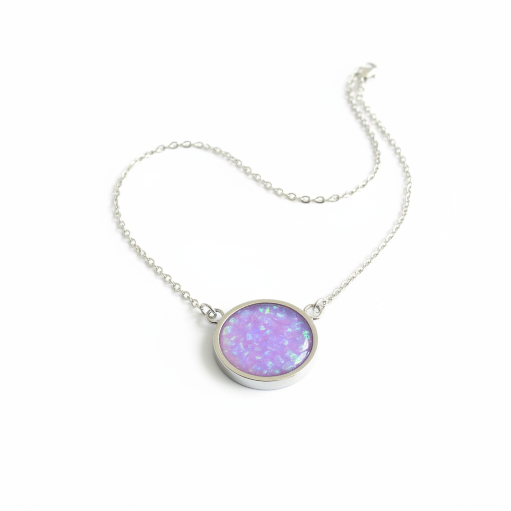 Circle memorial pendant necklace 316L stainless steel lavender purple opal flakes