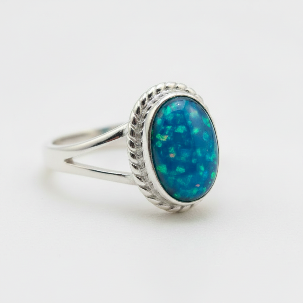 Silver 925 oval rope border memorial ring — blue teal opal flakes resin in 9x6mm oval setting, decorative rope border surround