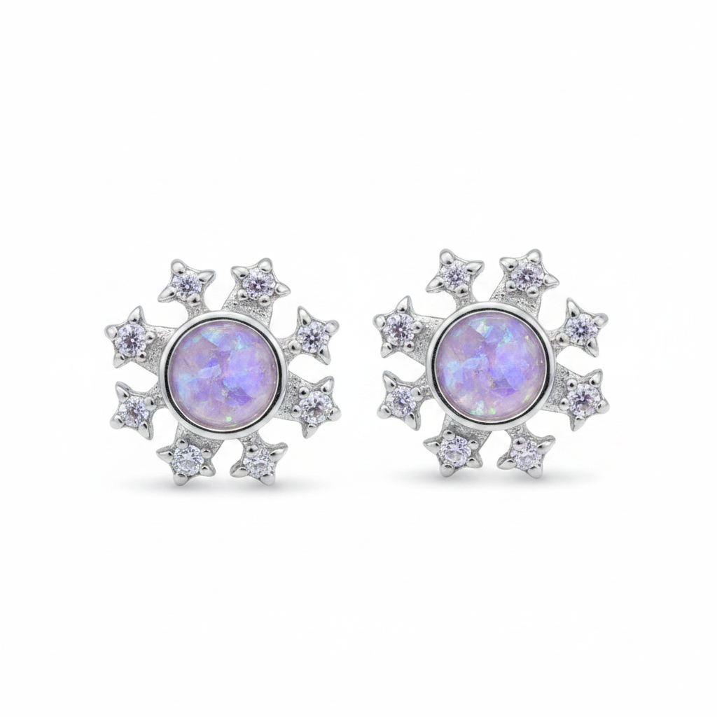 Silver 925 CZ Snowflake Stud Memorial Earrings with lavender purple opal flakes