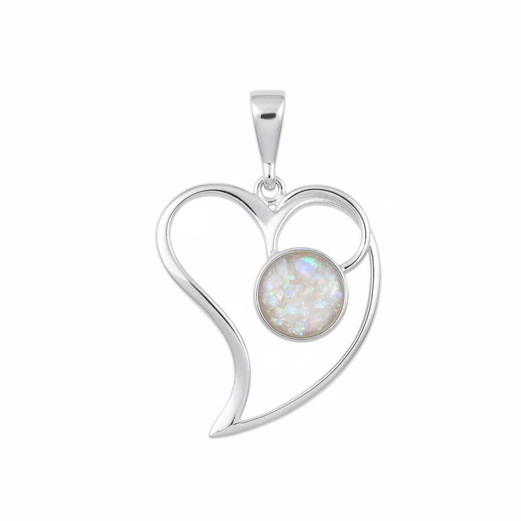 Silver 925 open swirl heart memorial pendant with white opal and mica, white background