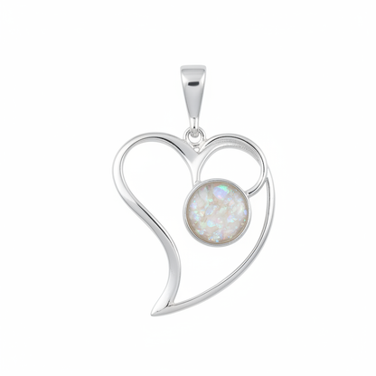Silver 925 open swirl heart memorial pendant with white opal and mica, white background