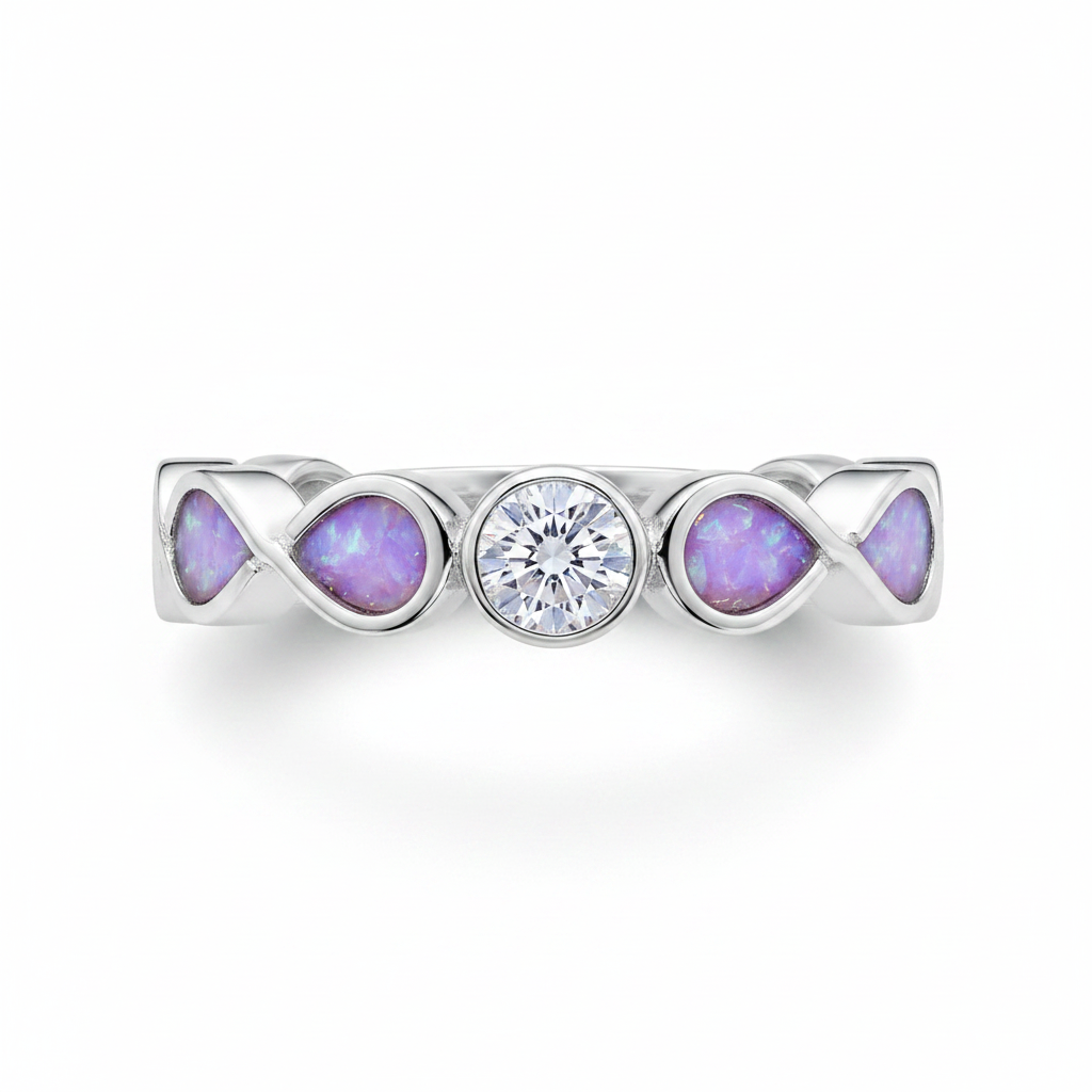Double infinity CZ eternity 925 silver ring with lavender purple opal resin in infinity bezels on white background