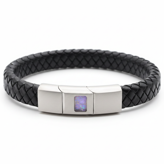 Black leather memorial bracelet with lavender purple opal resin in stainless steel clasp recess on white background