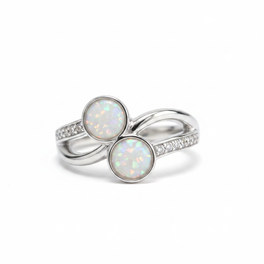 925 sterling silver double round twist memorial ring with white pearl opal flakes in twin 6mm bezels