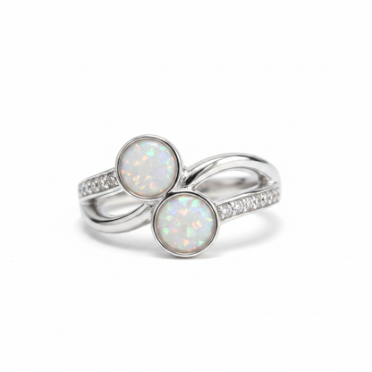 925 sterling silver double round twist memorial ring with white pearl opal flakes in twin 6mm bezels