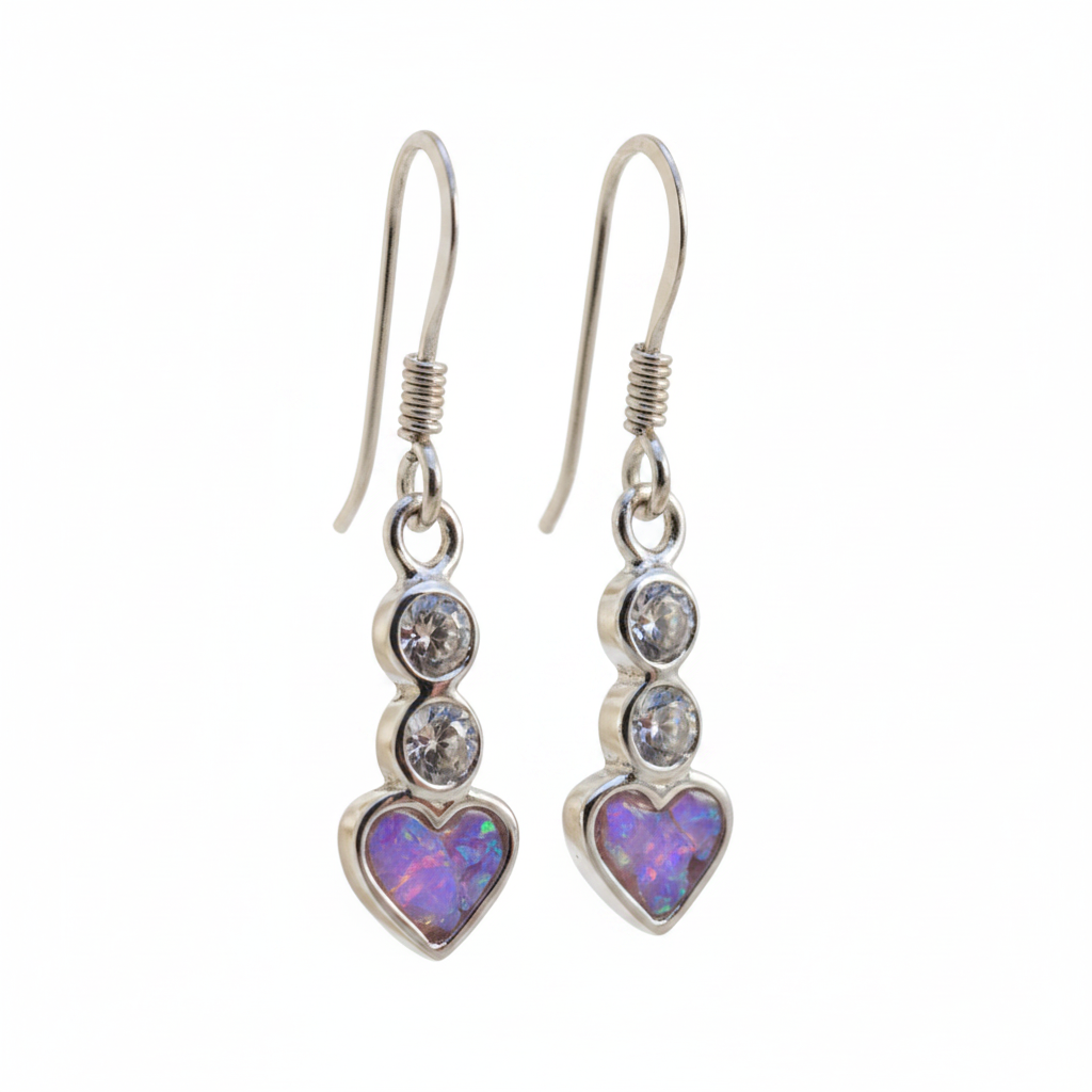 Silver 925 CZ heart drop earrings - lavender purple opal