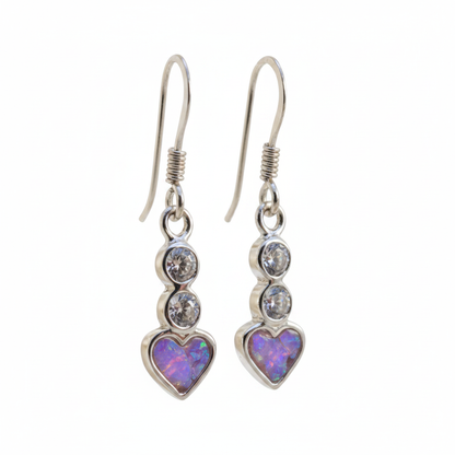 Silver 925 CZ heart drop earrings - lavender purple opal