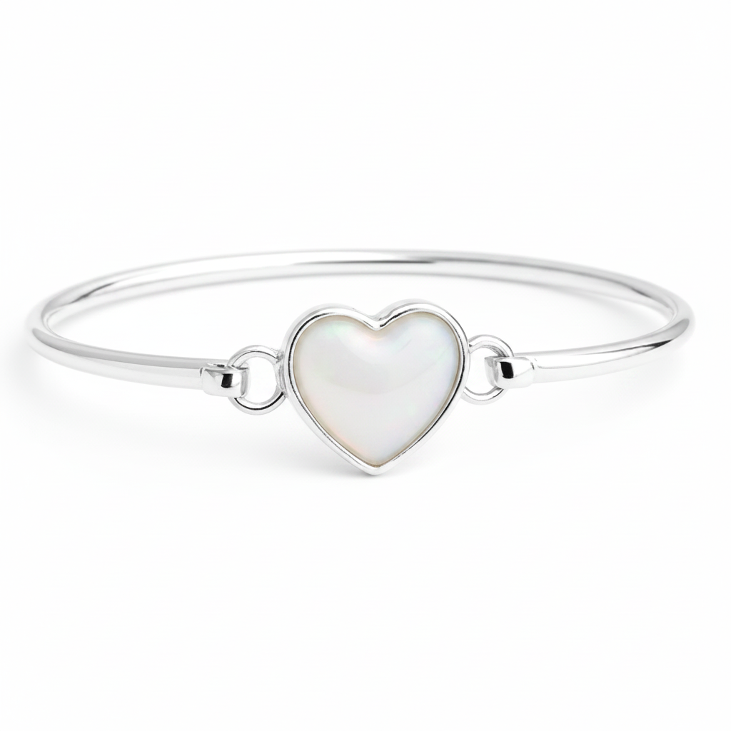 Heart hook clasp silver bangle with white pearl opal resin in heart bezel, white background