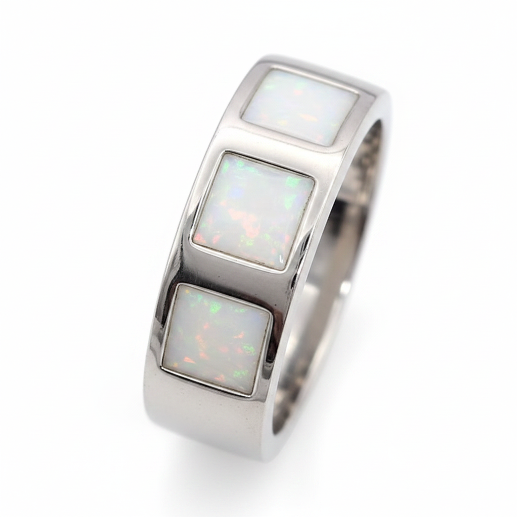 Gents Triple Square 925 Silver Band Ring with white pearl opal resin in 3 square settings — pure white background
