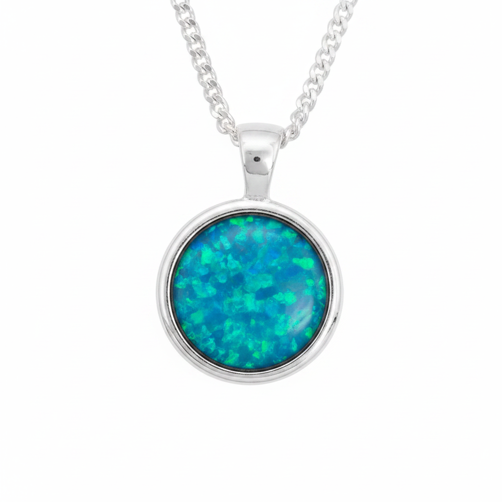 Thick Trim Fixed Bail Round 925 Silver Memorial Pendant with blue teal opal resin — white background