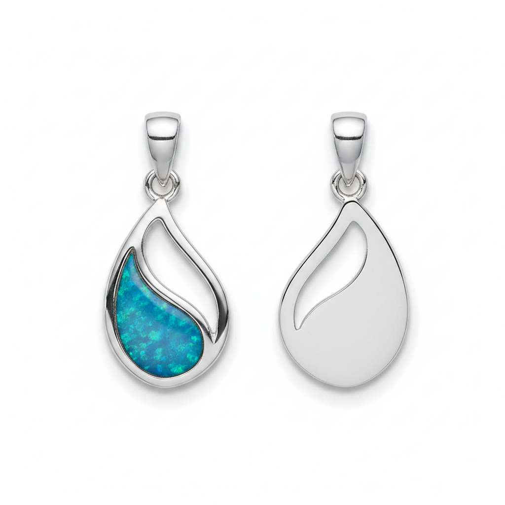 925 sterling silver flowing open teardrop memorial pendant front and back showing opal resin pear bezel and flat engravable back