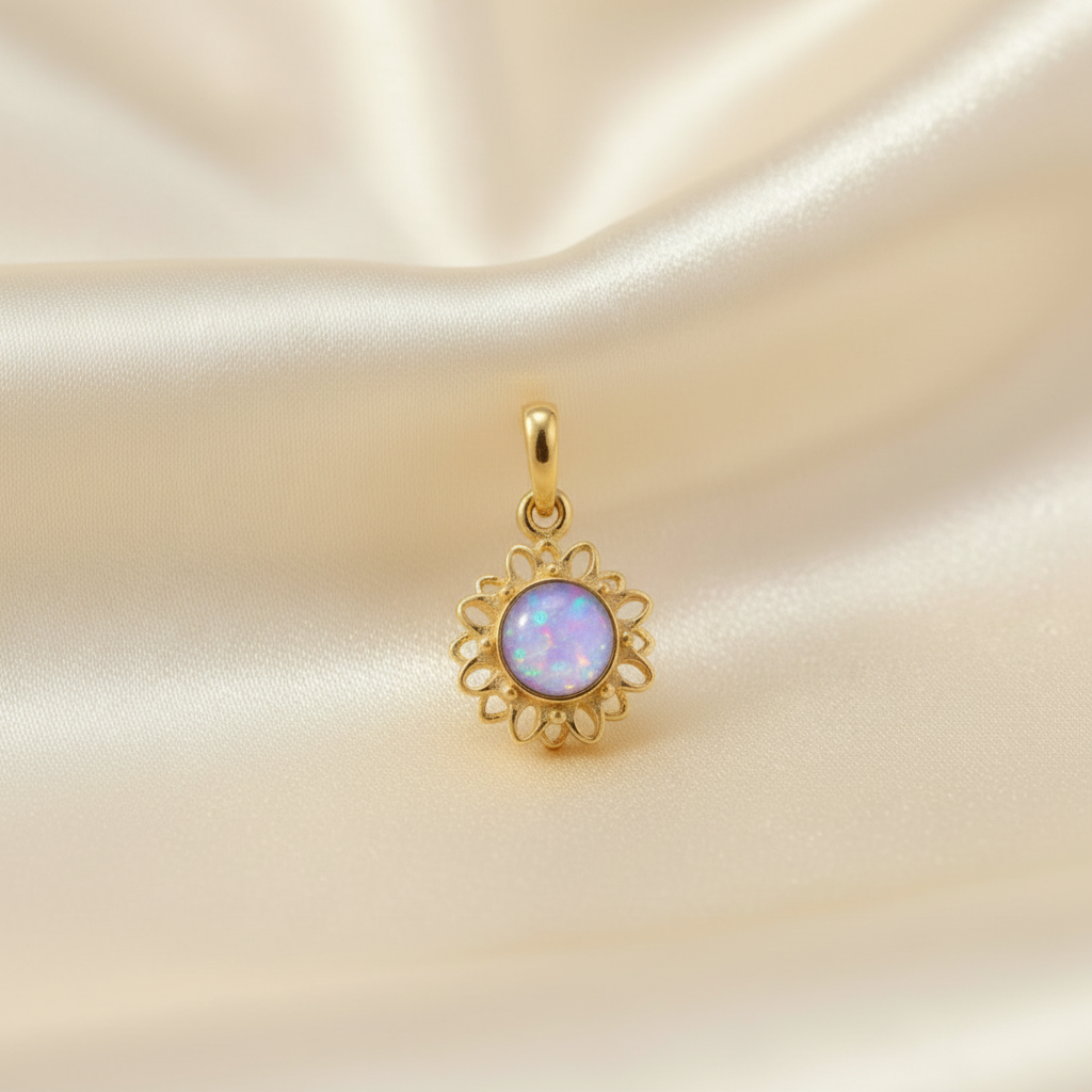 9ct gold dainty flower memorial pendant with lavender opal flakes