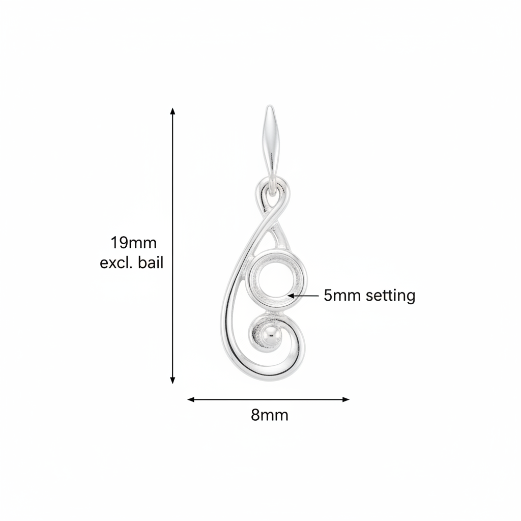 Silver 925 scroll memorial pendant dimensions — 19x8mm excl. bail, 5mm round centre