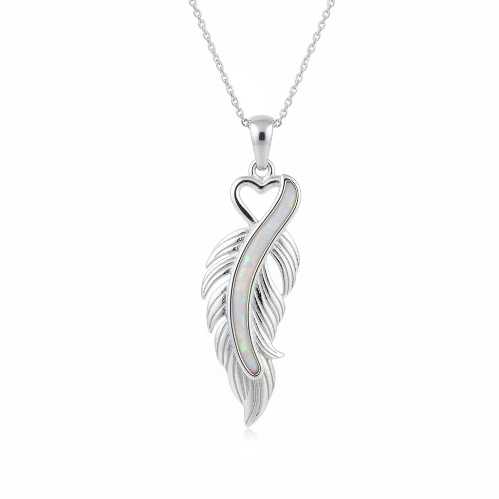 Silver 925 feather heart memorial pendant with white opal and mica resin spine on chain, white background