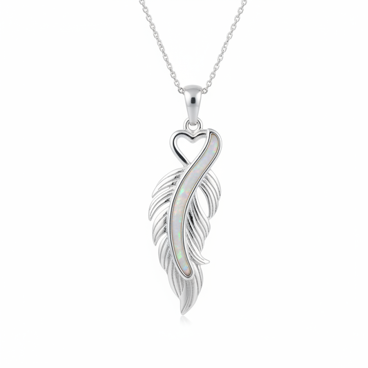 Silver 925 feather heart memorial pendant with white opal and mica resin spine on chain, white background