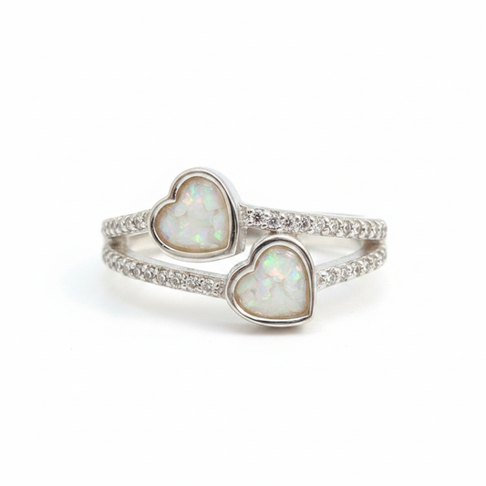 Silver 925 crystal double heart ring with white pearl opal resin in heart settings on white background
