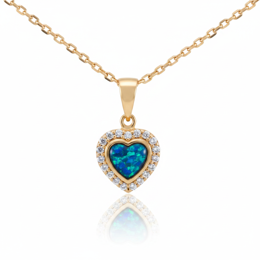 9ct gold heart pendant with blue teal opal inclusion