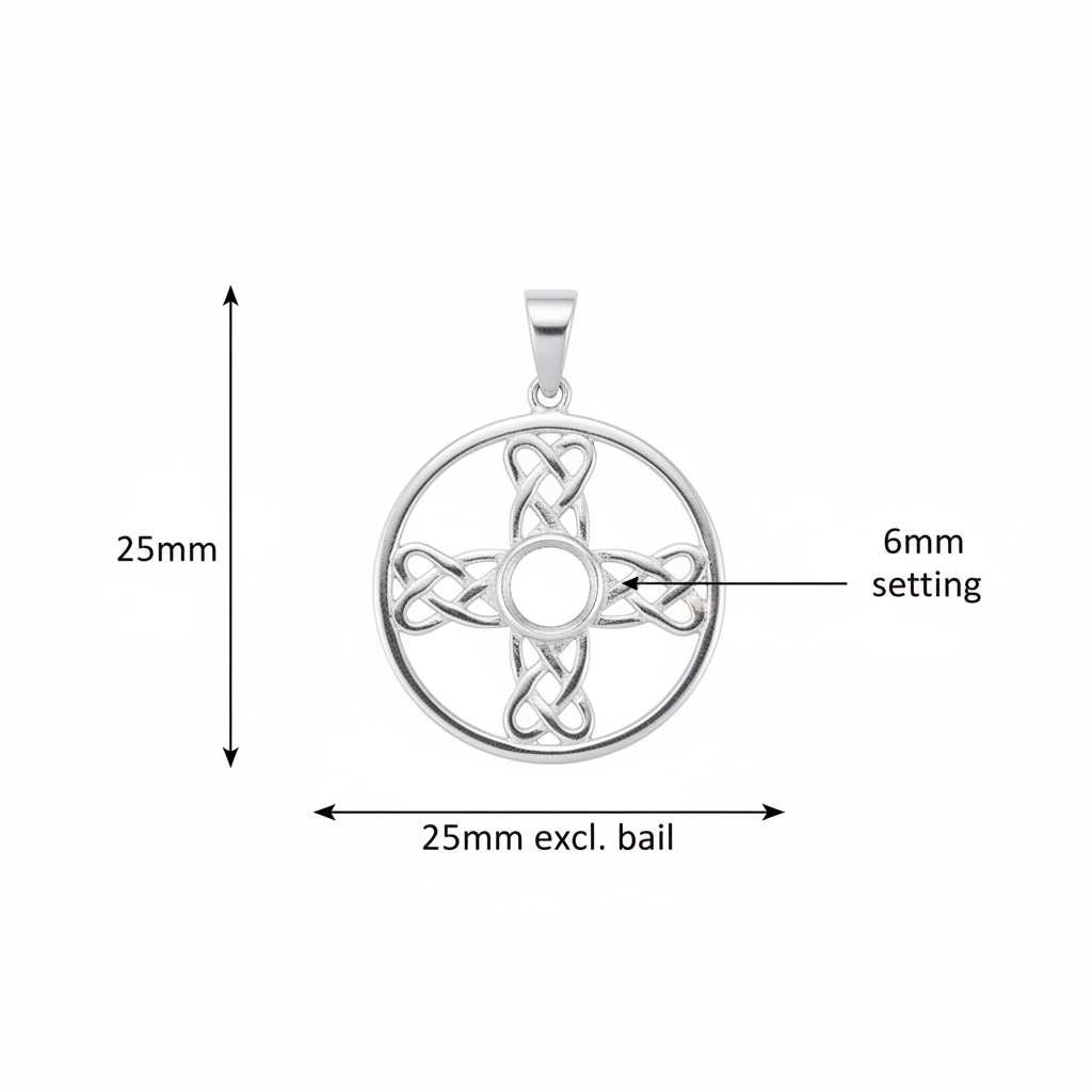 Silver 925 Celtic cross circle memorial pendant dimensions — 25mm excl. bail, 6mm round centre