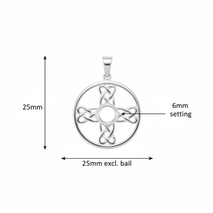Silver 925 Celtic cross circle memorial pendant dimensions — 25mm excl. bail, 6mm round centre