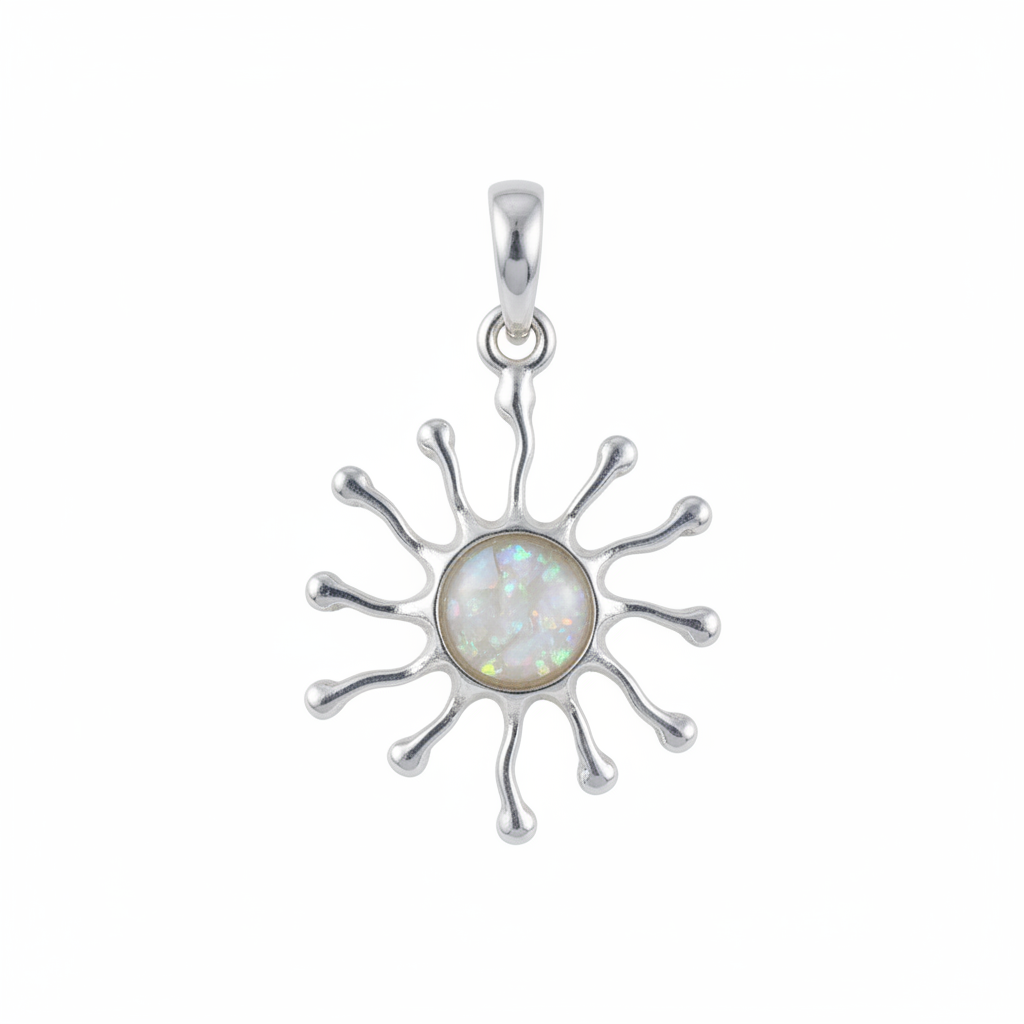 Silver 925 sunburst memorial pendant with white opal and mica, white background