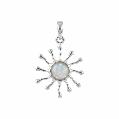 Silver 925 sunburst memorial pendant with white opal and mica, white background