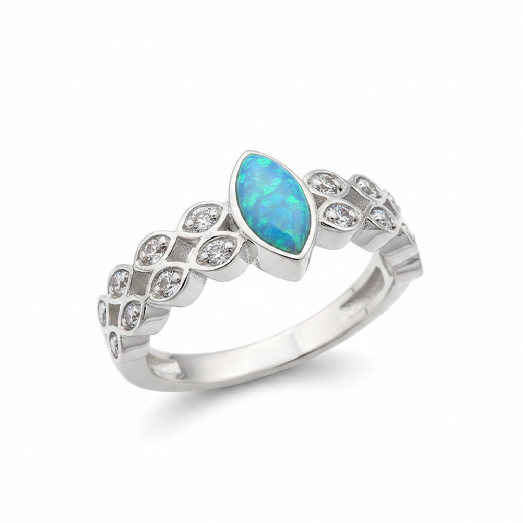 Double marquise band CZ 925 silver ring with blue teal opal resin angled view in box on white background