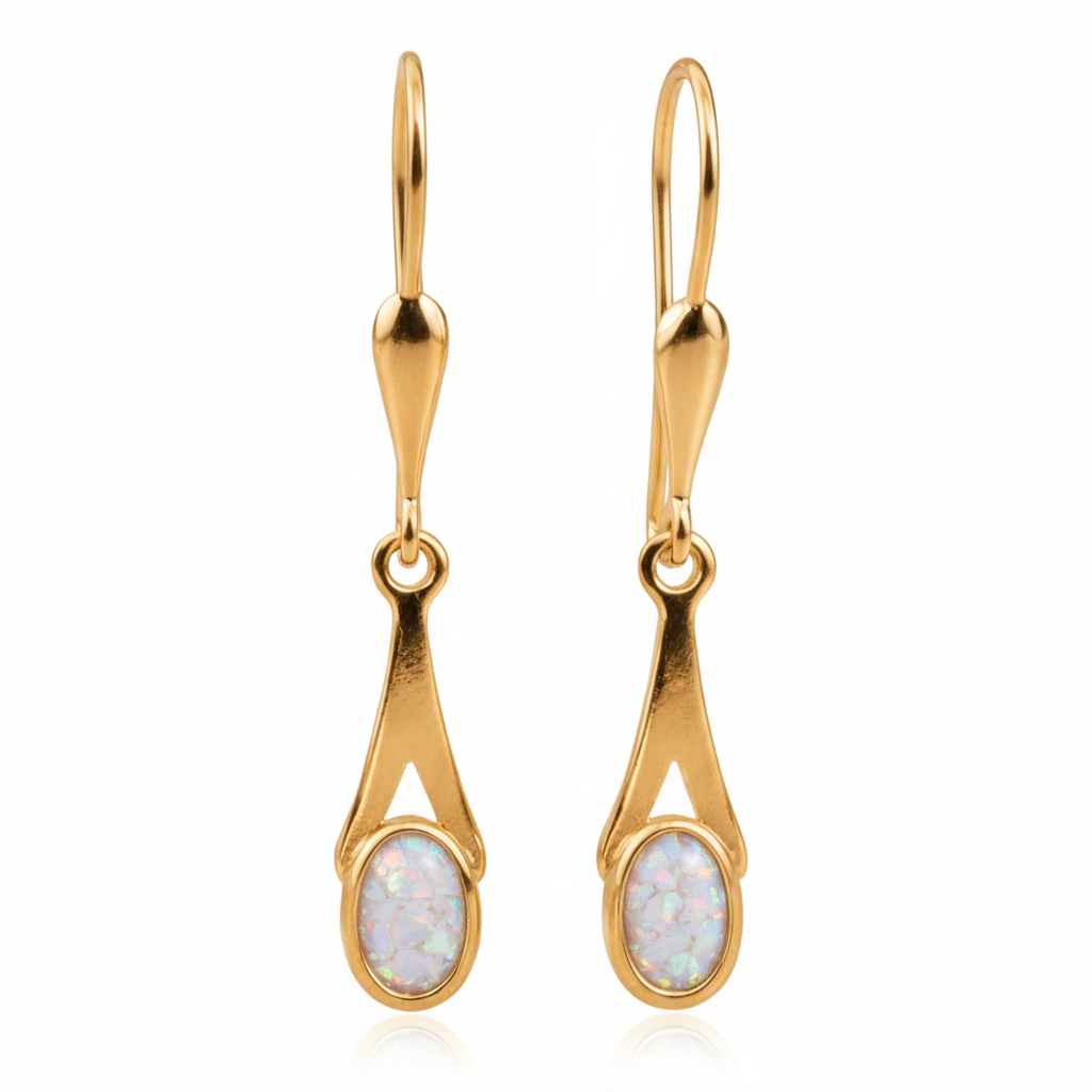 9ct gold tapered drop earrings with white pearl iridescent opal flakes – white background