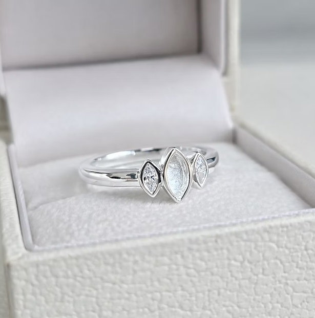 Trio almond 925 sterling silver memorial ring with marquise central bezel and CZ side stones in gift box