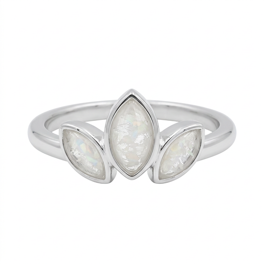 Illustrative trilogy marquise silver memorial ring with pearl white opal flakes