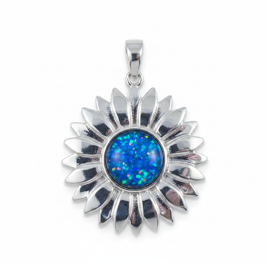 Silver 925 sunflower memorial pendant with blue opal flakes, no chain, white background