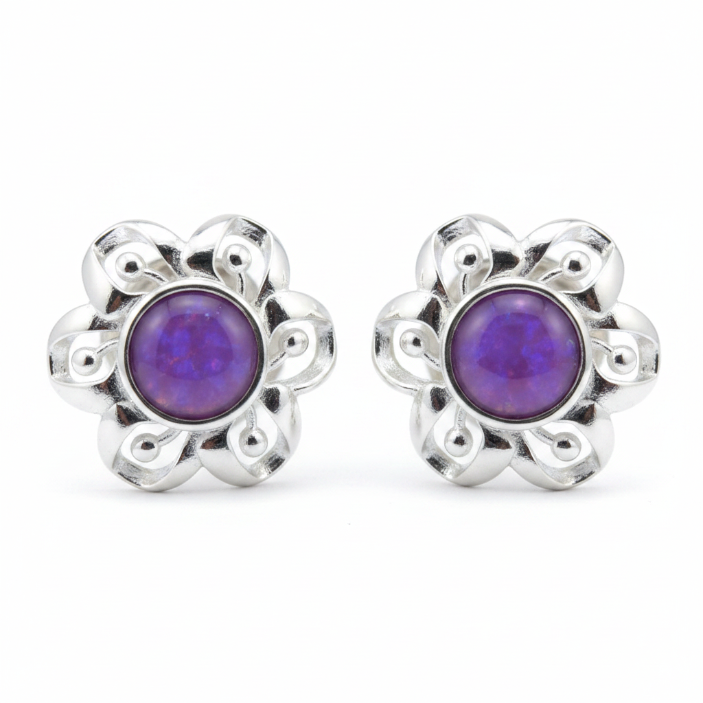 Silver 925 layered petal flower memorial stud earrings — lavender purple opal flakes resin in 4mm round centre cup