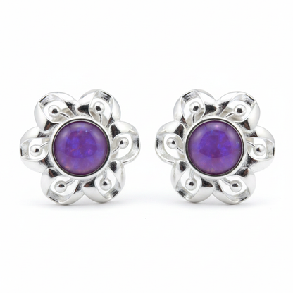Silver 925 layered petal flower memorial stud earrings — lavender purple opal flakes resin in 4mm round centre cup