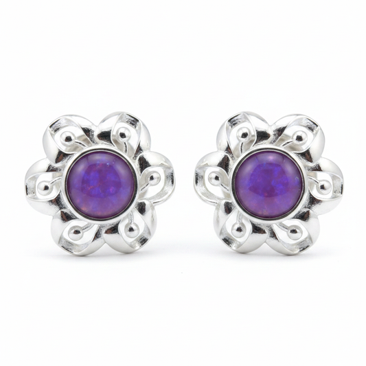 Silver 925 layered petal flower memorial stud earrings — lavender purple opal flakes resin in 4mm round centre cup