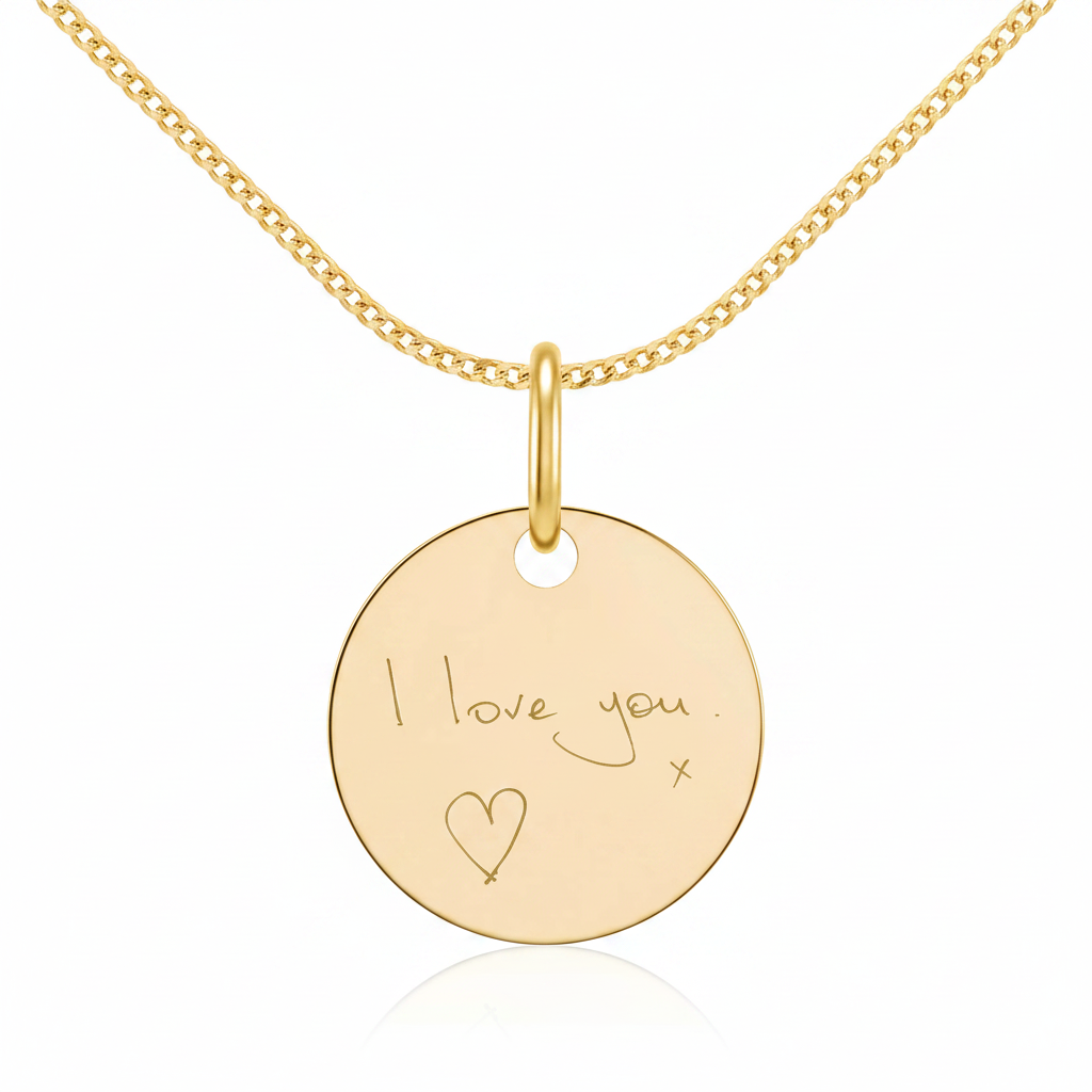 Delicate 10mm 9ct yellow gold round tag pendant with laser engraved handwriting hanging from jump ring on fine gold chain — Lovely Oxford