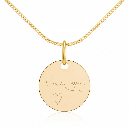 Delicate 10mm 9ct yellow gold round tag pendant with laser engraved handwriting hanging from jump ring on fine gold chain — Lovely Oxford