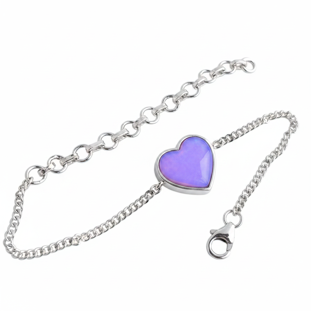 Heart curb chain silver bracelet with lavender purple opal resin in heart bezel, white background