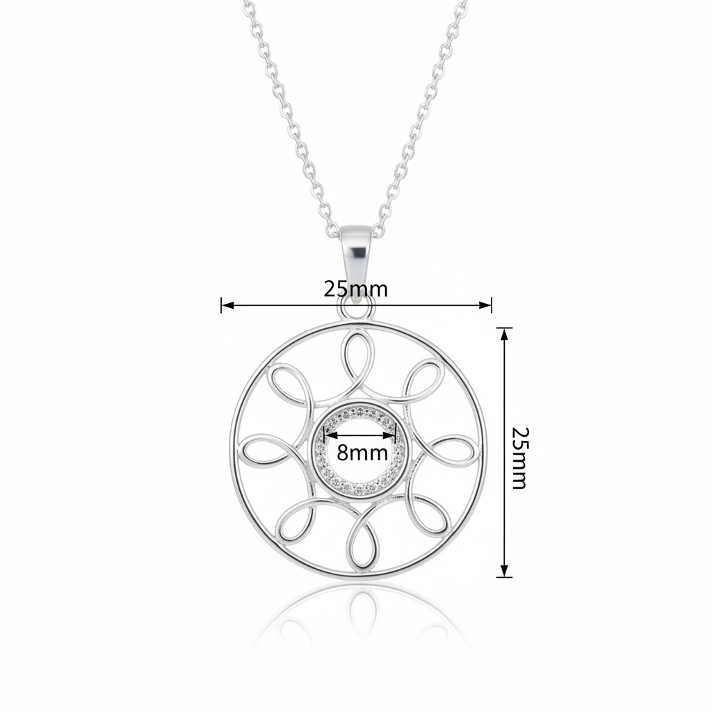 Silver 925 wire circle memorial pendant dimensions — 25mm overall, 8mm round centre setting