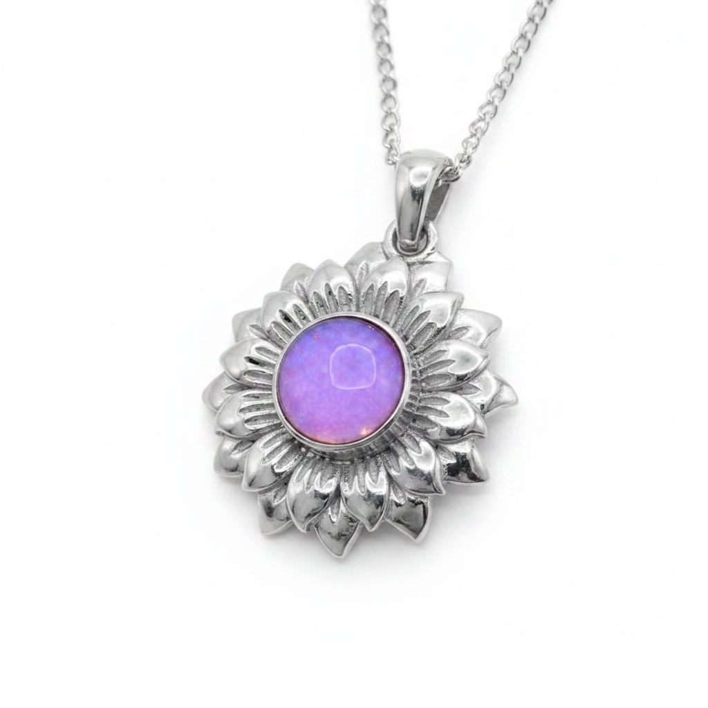 Realistic Sunflower 925 Silver Memorial Pendant with lavender purple opal resin inclusion — white background