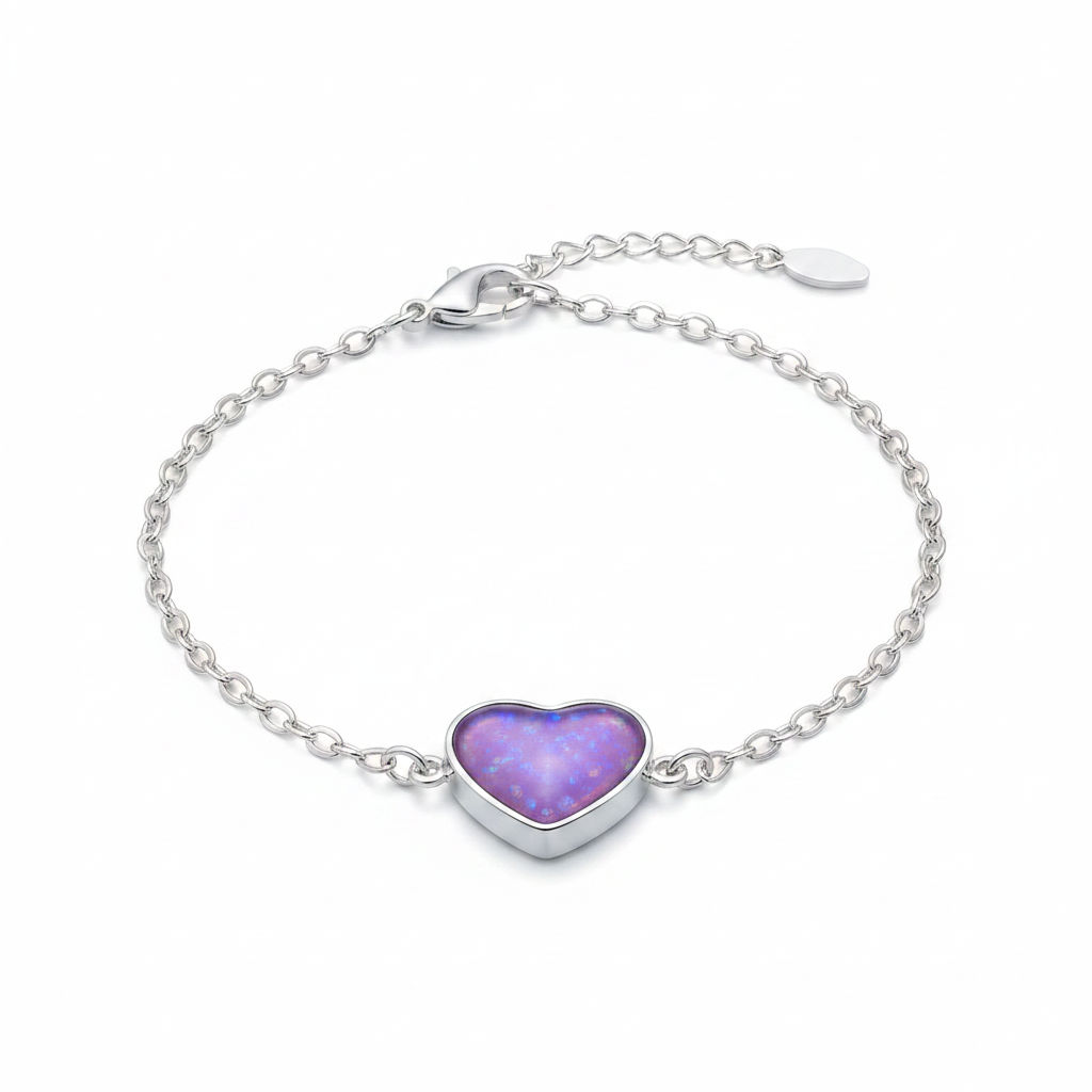 Silver 925 heart memorial bracelet — lavender purple opal flakes resin in 12x14mm heart setting