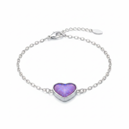 Silver 925 heart memorial bracelet — lavender purple opal flakes resin in 12x14mm heart setting
