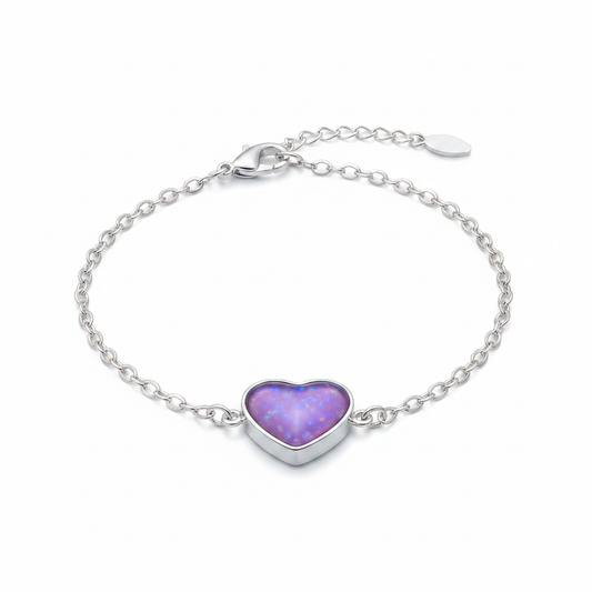 Silver 925 heart memorial bracelet — lavender purple opal flakes resin in 12x14mm heart setting