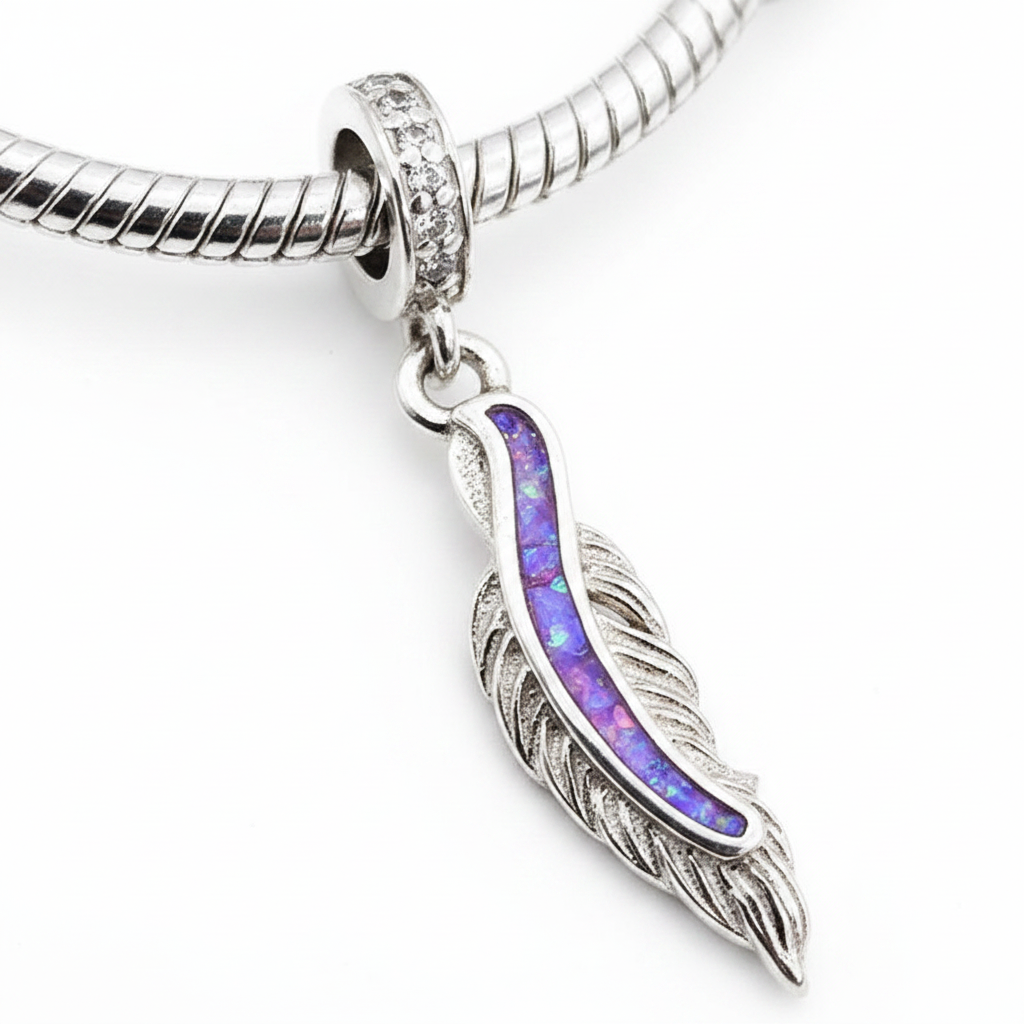 925 Silver CZ Feather Dangle Memorial Charm – purple lavender opal inclusion