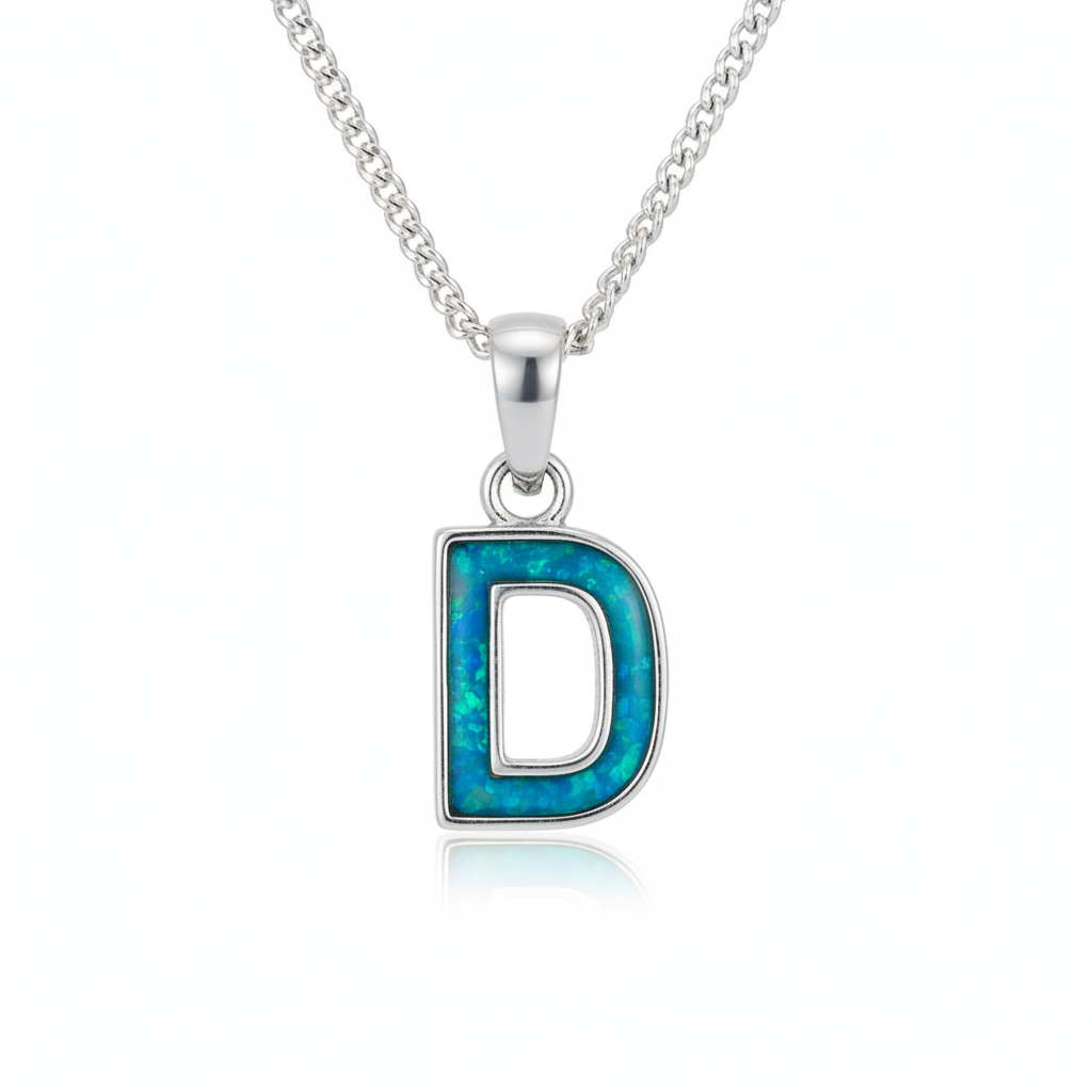 Initial Letter Mini 925 Silver Memorial Pendant with blue teal opal resin inside letter — white background