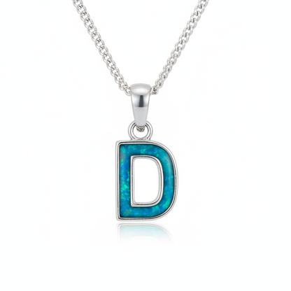 Initial Letter Mini 925 Silver Memorial Pendant with blue teal opal resin inside letter — white background
