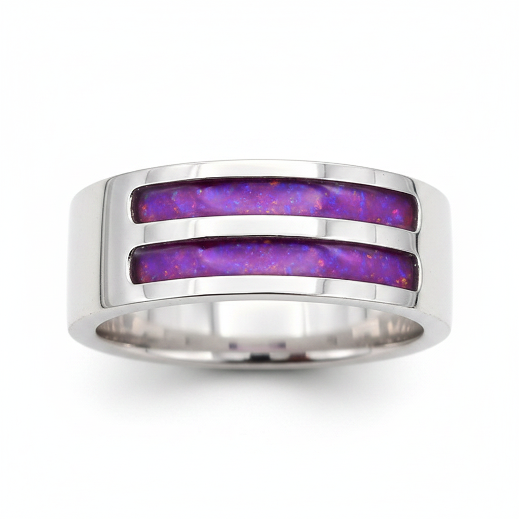 Gents Double Channel 7mm 925 Silver Band Ring with lavender purple opal resin — pure white background
